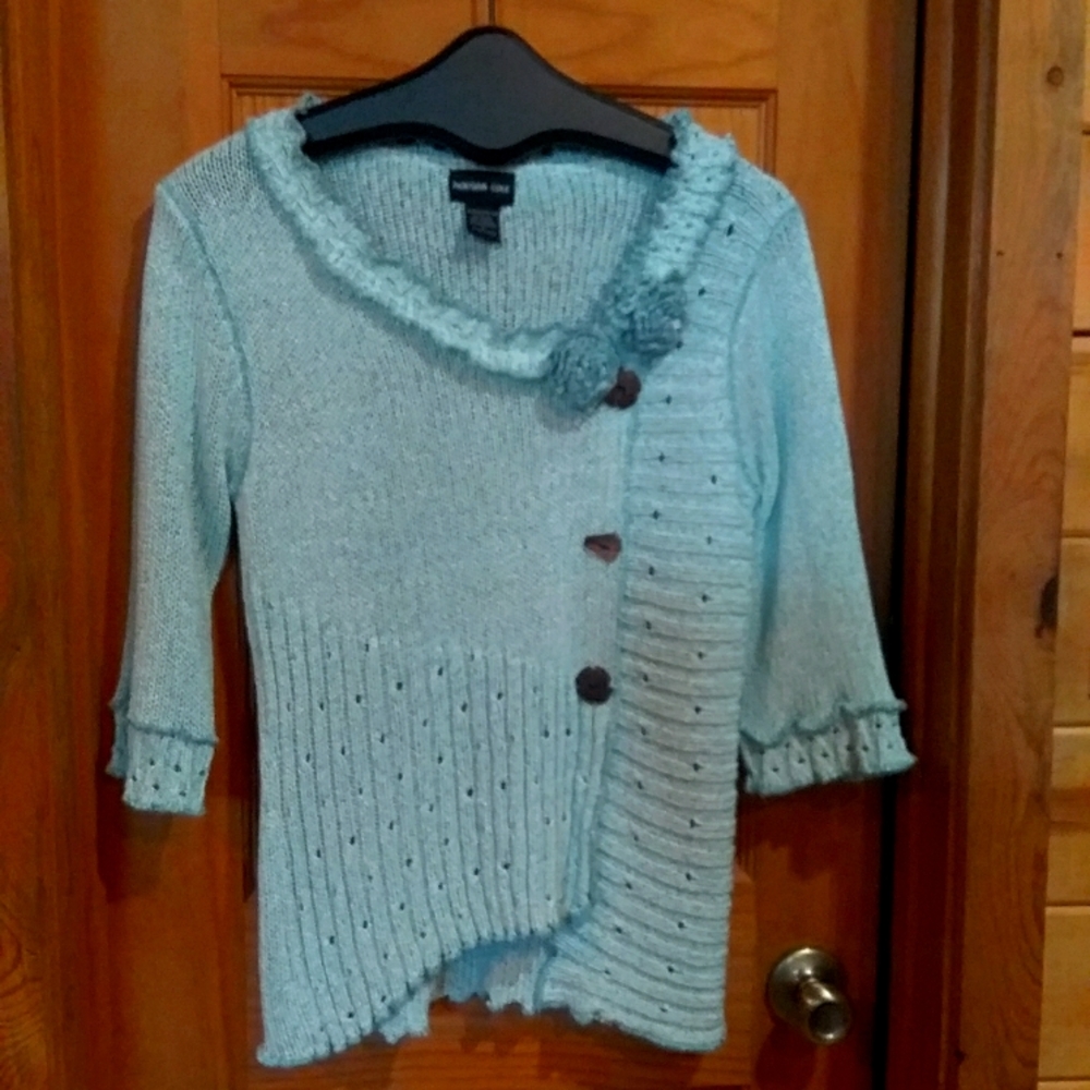 Ruffed Rosettes Wood Button Sweater Asymmetrical